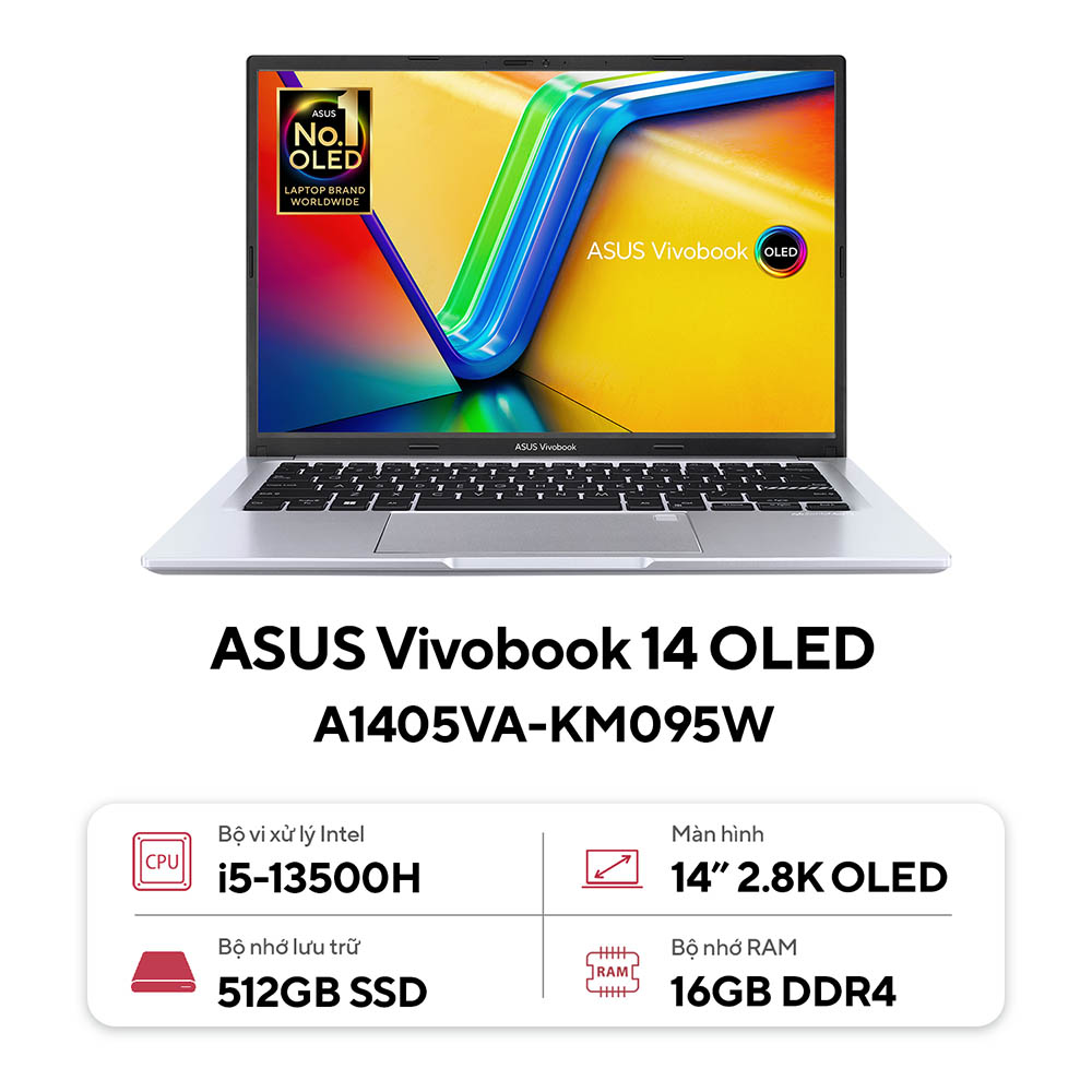 Laptop Asus Vivobook 14 OLED A1405VA-KM095W (Core i5-13500H | 16GB | 512GB | Intel Iris Xe | 14 inch 2.8K OLED | Win 11 | Bạc)